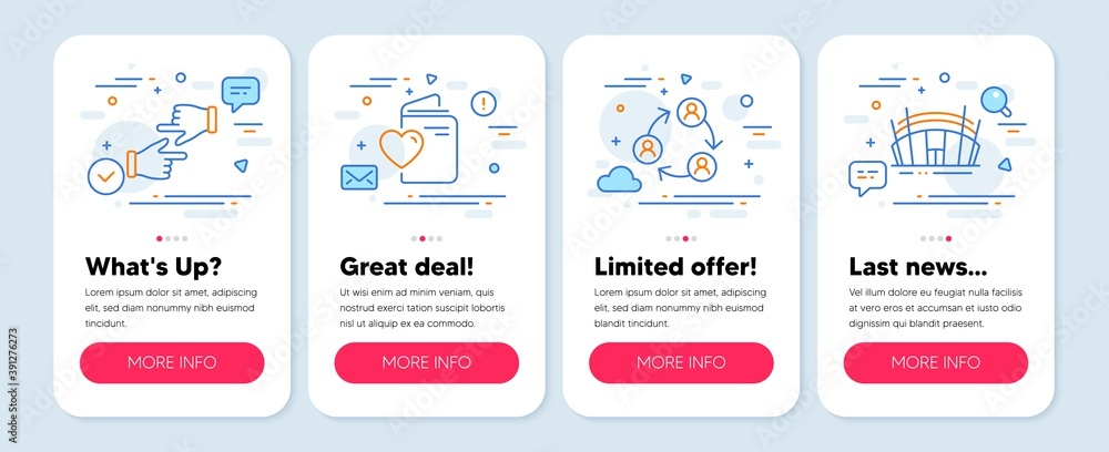 Set of Business icons, such as Click hands, Teamwork, Love document symbols. Mobile app mockup banners. Arena stadium line icons. Direction, Business conference, Registry office. Sport complex. Vector