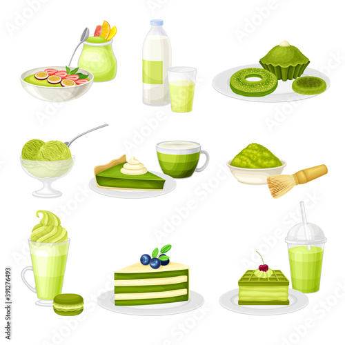 Green Matcha Desserts with Cake and Ice Cream Vector Set