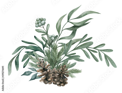 Fototapeta Naklejka Na Ścianę i Meble -  Watercolor composition with green winter leaves, branches, berries, eucalyptus, pine cone. Christmas bouquet isolated on white background. Aesthetic illustration for wedding, business card, promotions