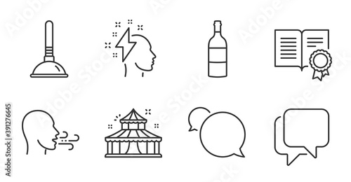 Diploma, Circus and Breathing exercise line icons set. Messenger, Talk bubble and Wine bottle signs. Brainstorming, Plunger symbols. Document with badge, Attraction park, Breath. Vector