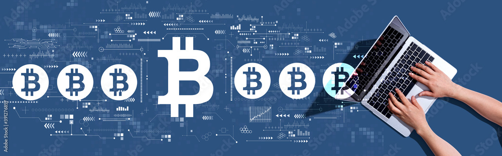 Bitcoin theme with woman using a laptop computer Bitcoin theme with woman using a laptop computer
