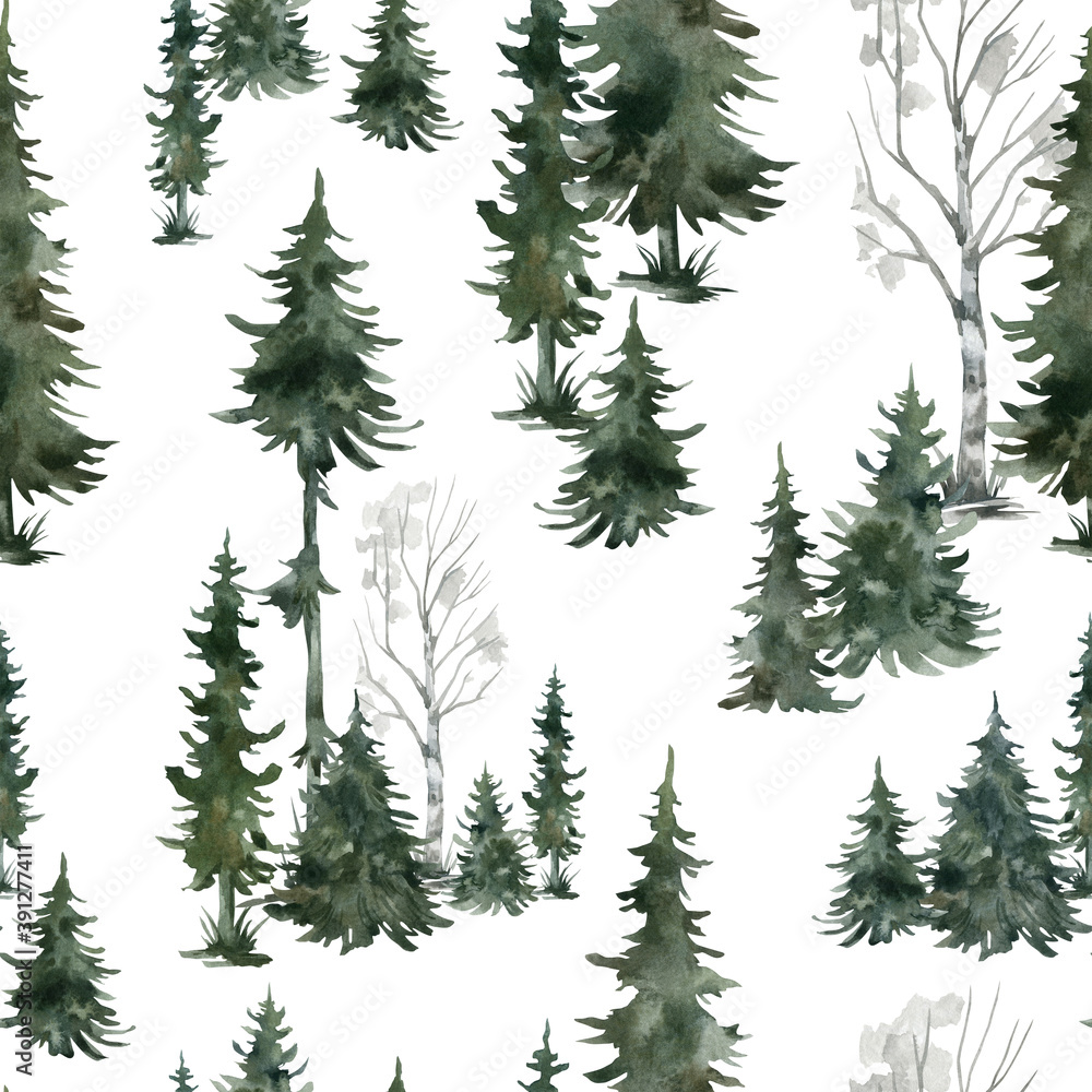 Watercolor seamless pattern with winter trees. Spruce, birch, pine, Christmas tree. Nature background. Forest landscape.