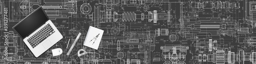 Tech concept with laptop.Technical drawing background.Mechanical Engineering background .Vector illustration .