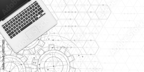 Technical drawing of gears .Laptop top view.Rotating mechanism of round parts .Machine technology. Vector illustration.