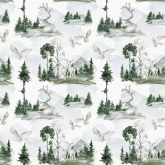 Fototapete Waldmuster Weißer Hirsch und Schneeeule Winterwald  © Kate K.