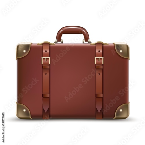 3d realistic vector travel business brown luggage in leather. Isolated on white background.