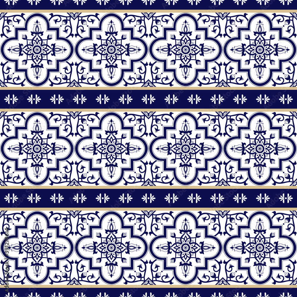 Portuguese tile pattern vector border seamless with blue and white ornaments. Italian majolica, portugal azulejo, arabesque, mexican talavera and spanish ceramic. Background for kitchen or bathroom.