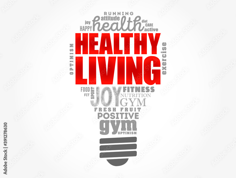 Healthy Living light bulb word cloud, health concept background Healthy Living light bulb word cloud, health concept background