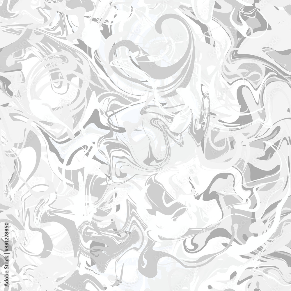 Fototapeta premium Seamless Marble texture pattern. Gray strokes of paint waves. Fluid texture. Spots, splashes, line, tie dye light decoration. Neutral ice, snow, winter background. White vector marmoreal illustration
