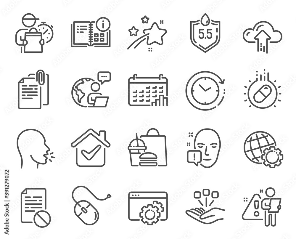 Science icons set. Included icon as Cough, Computer mouse, Capsule pill signs. Ph neutral, Wrong file, Time change symbols. Consolidation, Calendar graph, Face attention. Seo gear, Globe. Vector