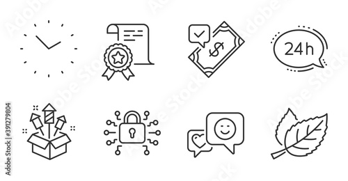Fireworks rocket, Accepted payment and Time line icons set. 24h service, Leaf and Certificate signs. Security lock, Smile symbols. Pyrotechnic salute, Bank transfer, Clock. Business set. Vector