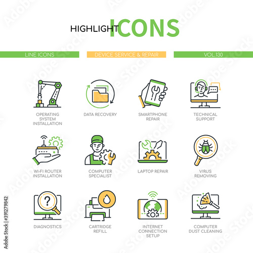 Device service and repair - modern line design style icons set