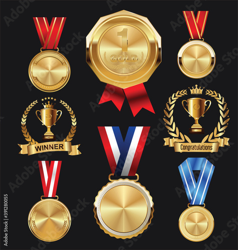 Champion Golden Medal with Red and blue  Ribbon  Icon Sign First Place