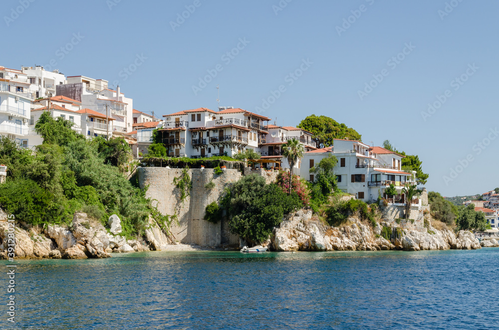Evia island, Greece - June 28. 2020: Panorama of the tourist island of Skiathos in Greece 