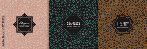 Vector geometric seamless pattern set. Collection of simple vintage background swatches with elegant minimal labels, stickers, frames. Abstract modern textures, organic shapes, trendy color design