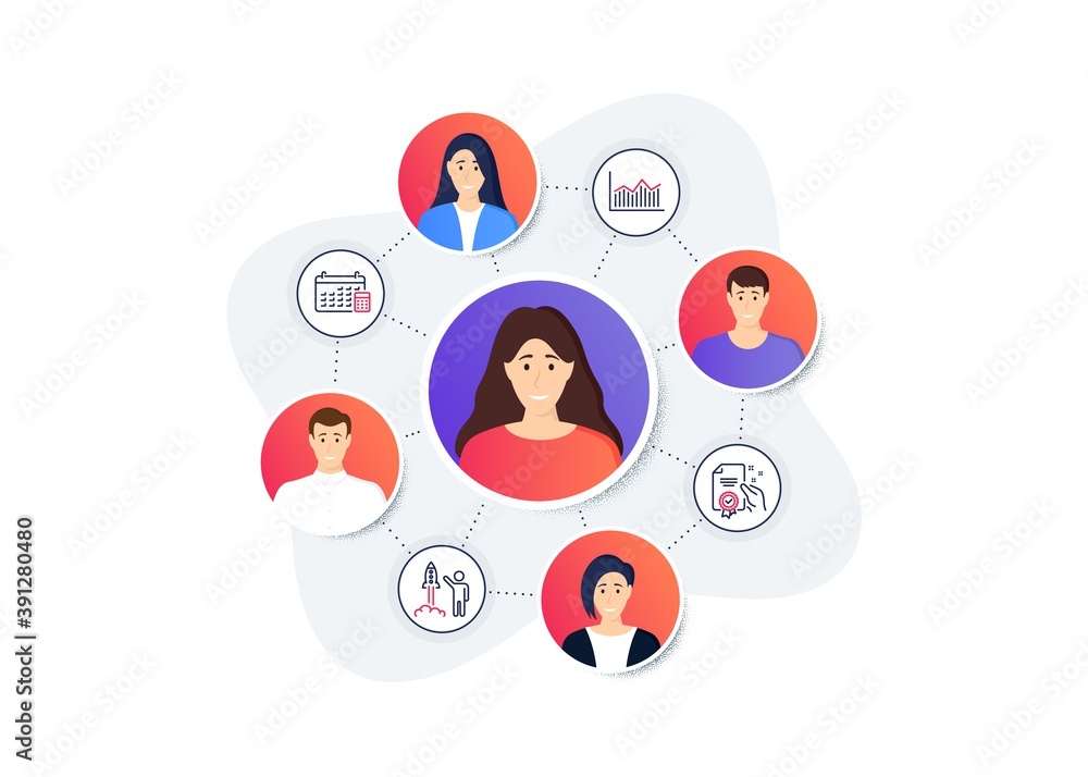Set of Education icons, such as Money diagram, Calendar, Certificate symbols. Online team work banner. Employee remote job. Launch project line icons. Vector Set of Education icons, such as Money diagram, Calendar, Certificate symbols. Online team work banner. Employee remote job. Launch project line icons. Vector
