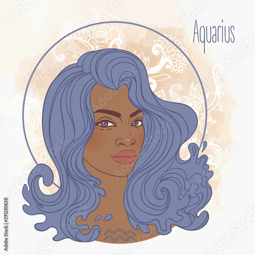 Illustration of Aquarius astrological sign as a beautiful African American girl. Zodiac vector illustration isolated on white. Future telling, horoscope, alchemy, spirituality, fashion black woman.