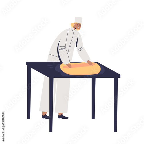 Female confectioner working with dough for cake, bakery and dessert cooking