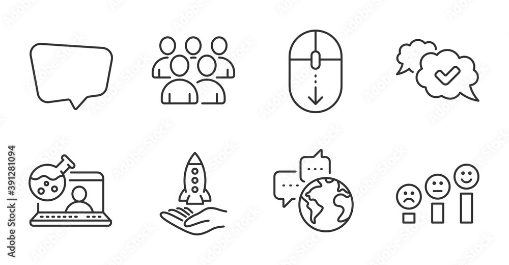 Chat message, Crowdfunding and Customer satisfaction line icons set. Group, Approved and Scroll down signs. Online chemistry, World communication symbols. Quality line icons. Vector Chat message, Crowdfunding and Customer satisfaction line icons set. Group, Approved and Scroll down signs. Online chemistry, World communication symbols. Quality line icons. Vector