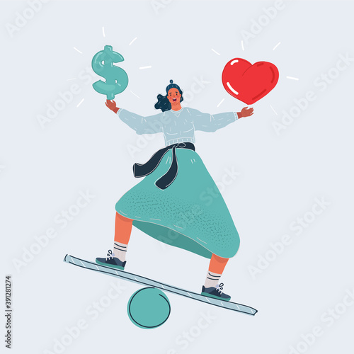 Vector illustration of woman chooses balanced between money and love on white background.