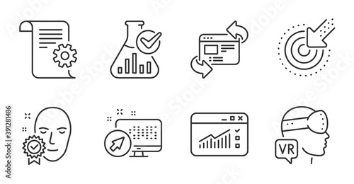 Web traffic, Targeting and Refresh website line icons set. Augmented reality, Chemistry lab and Face verified signs. Technical documentation, Web system symbols. Quality line icons. Vector