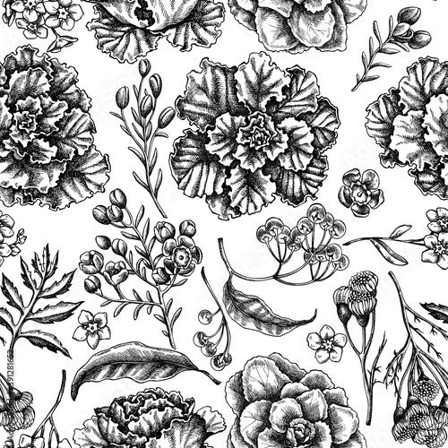 Seamless pattern with black and white wax flower, forget me not flower, tansy, ardisia, brassica, decorative cabbage