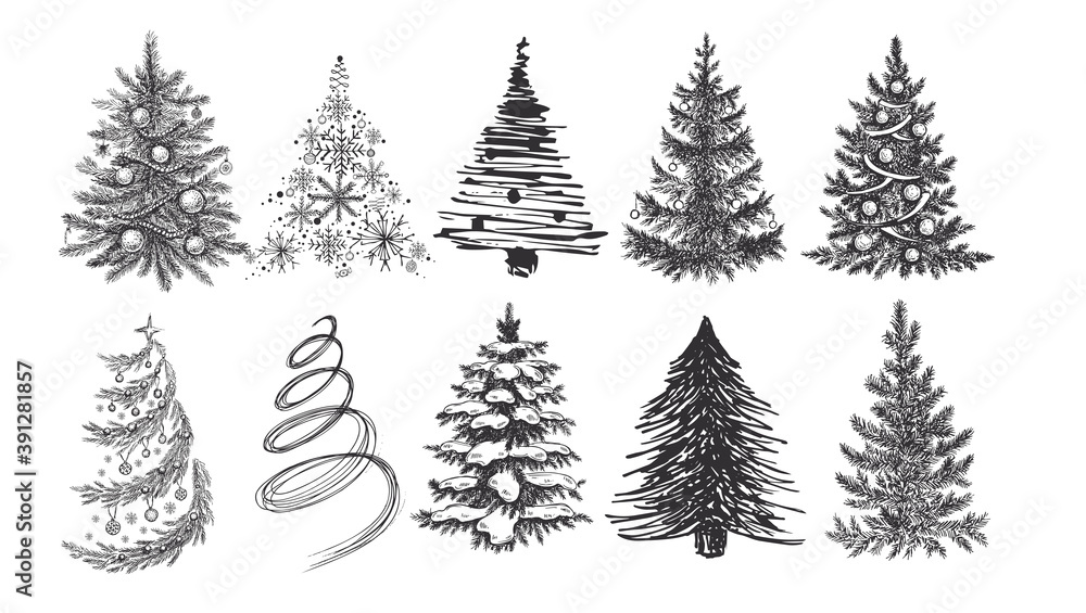 Christmas tree hand drawn illustration. Vector.	
