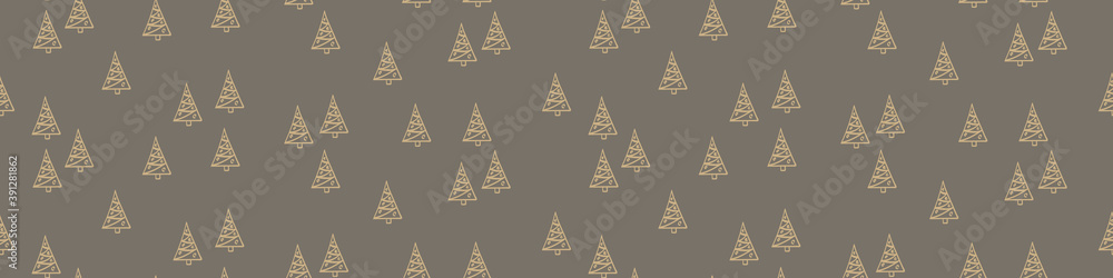Woodland seamless horizontal border. Banner with single hand drawn fir tree with Christmas decoration. Vector illustration.