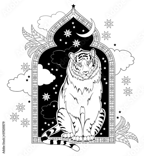 Black and white page coloring book. Fantasy illustration of fairyland tiger from ancient eastern legend. Print for fabric and tattoo. Worksheet for drawing and meditation for children and adults.