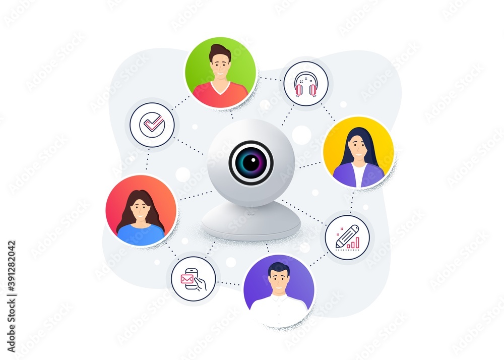 Set of Education icons, such as Headphones, Verify, Edit statistics symbols. Web camera remote streaming. Online video conference banner. Messenger mail line icons. Vector Set of Education icons, such as Headphones, Verify, Edit statistics symbols. Web camera remote streaming. Online video conference banner. Messenger mail line icons. Vector
