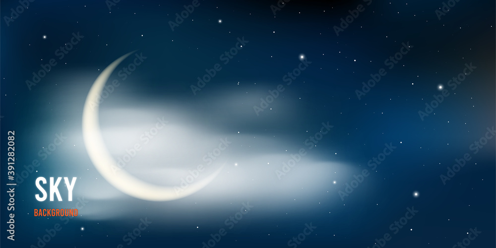 Realistic night sky with moon and stars. Illustration of outer space