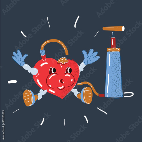 Vector illustration of blood pressure measurement tool. Heart character with pumer. Preasure concept isolated on dark.
