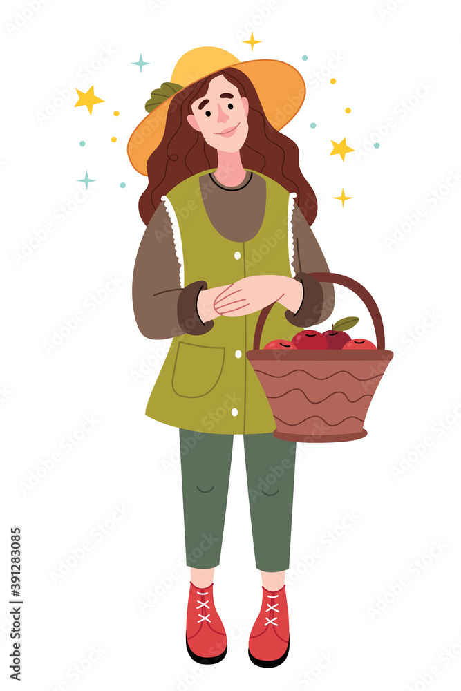 Farmer girl holding a basket with apples. Fabulous plot. Harvest concept. Illustration for children's book. Simple illustration. Farmer girl holding a basket with apples. Fabulous plot. Harvest concept. Illustration for children's book. Simple illustration.