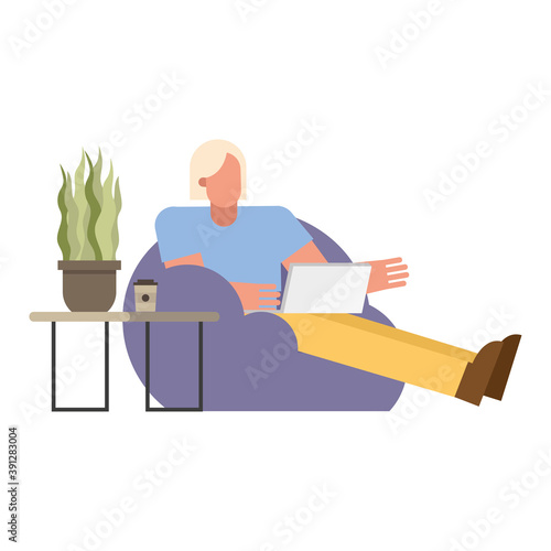 Man with laptop on puf working from home vector design