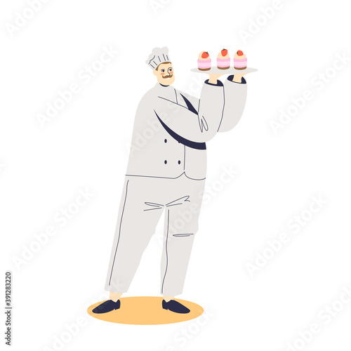 Male confectioner holding tray with cupcakes decorated with fresh berries for holiday event