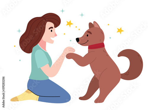 The girl loves her dog.Love between dog and owner. Illustration for children's book.Simple illustration.
Cute Poster.
