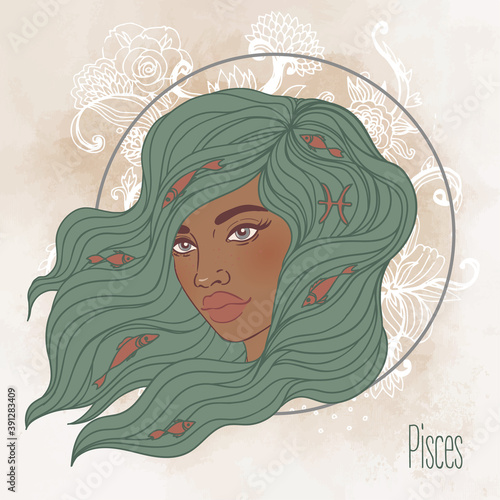 Illustration of Pisces astrological sign as a beautiful African American girl. Zodiac vector illustration isolated on white. Future telling, horoscope, alchemy, spirituality, fashion black woman.
