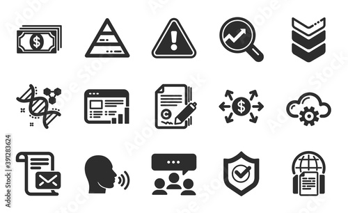 Mail letter, Human sing and Analytics icons simple set. Cloud computing, Dollar exchange and Copywriting signs. Web report, Payment and Approved shield symbols. Flat icons set. Vector