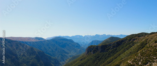 Banner  a magnificent view of the mountain peaks disappearing into the background. Mountains of Bosnia and Herzegovina.