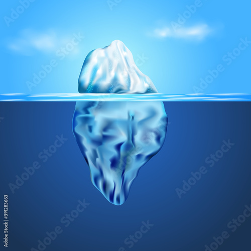 Iceberg floating among ice floes in the blue Antarctic sea.WInter arctic landscape with blue pure water and snow hills.
