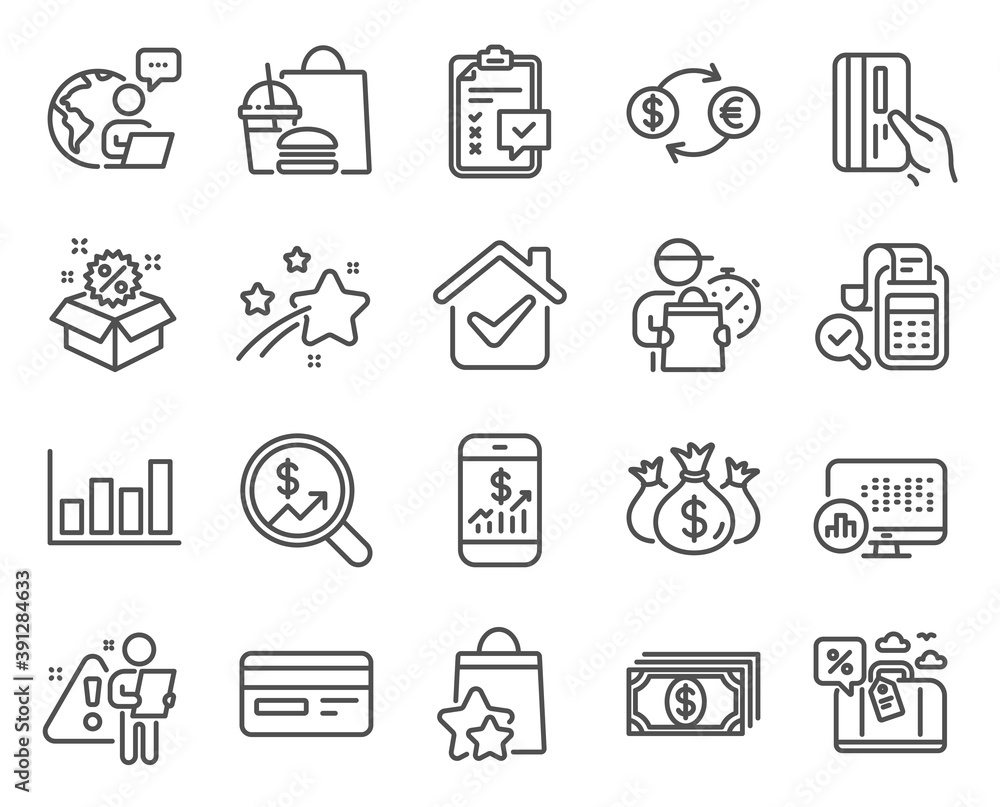 Finance icons set. Included icon as Sale, Payment card, Currency audit signs. Currency exchange, Travel loan, Credit card symbols. Loyalty points, Bill accounting, Check investment. Vector