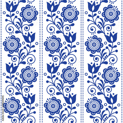 Scandinavian ethnic seamless folk art vector pattern with flowers and hearts, Nordic vertical ornament design