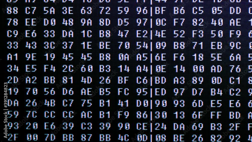 Copmuter code scrolling randomly on dark screen in hexadecimal format Copmuter code scrolling randomly on dark screen in hexadecimal format
