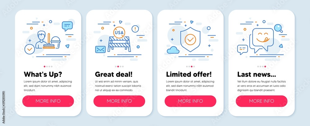 Set of Business icons, such as Usa close borders, Cleaning service, Security shield symbols. Mobile screen app banners. Yummy smile line icons. Vector