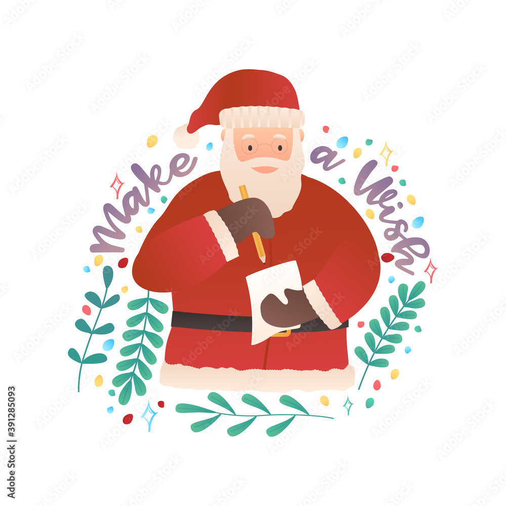 cute christmas sign and symbol with flat cute santa claus writing a letter. christmas festive texture greetings card background. winter holiday background.