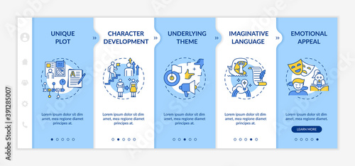 Creative writing elements onboarding vector template. Unique book plot. Character development during story. Responsive mobile website with icons. Webpage walkthrough step screens. RGB color concept