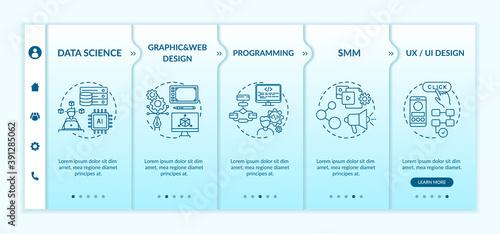 Top careers in IT for creative thinkers onboarding vector template. Programming. Social media marketing. Responsive mobile website with icons. Webpage walkthrough step screens. RGB color concept