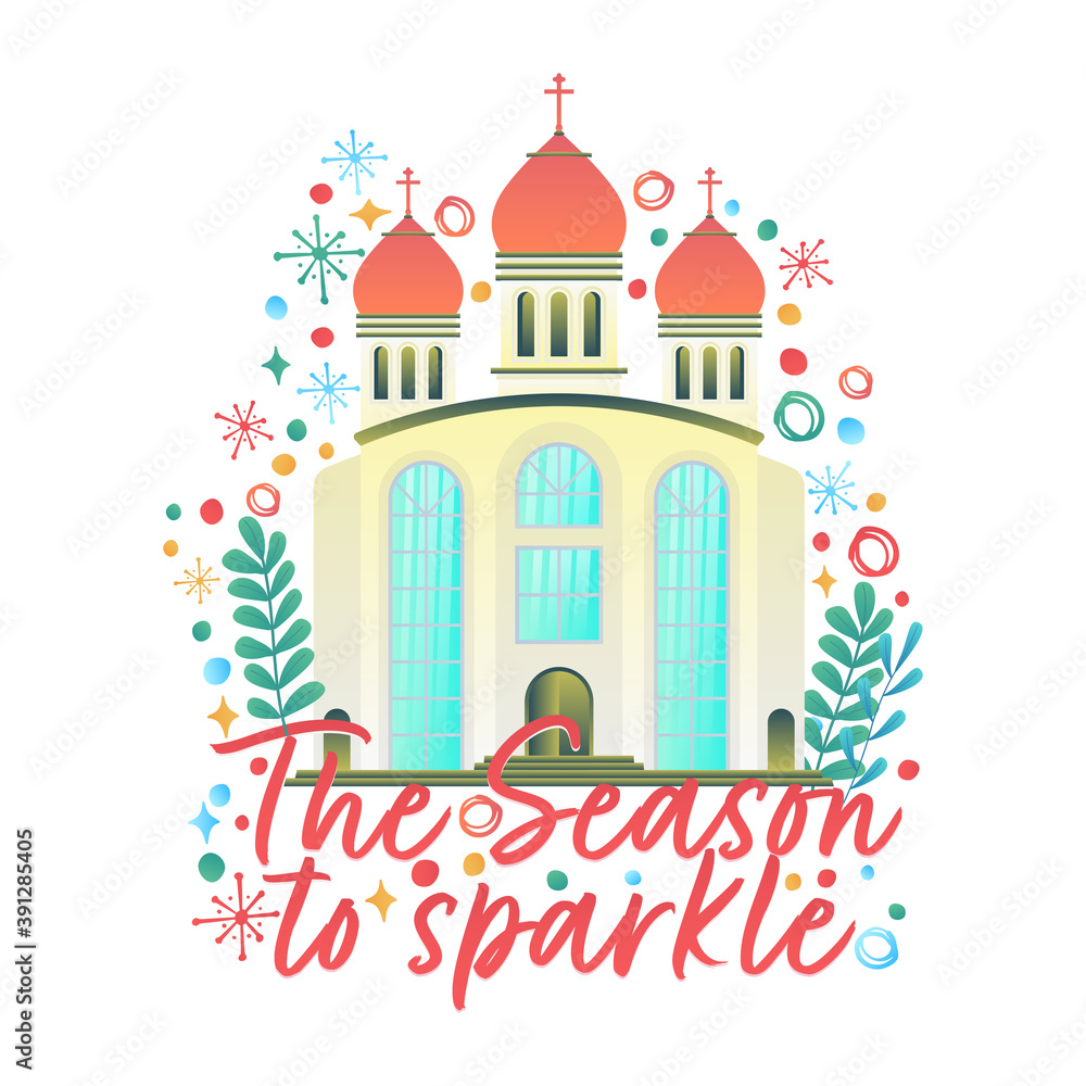 cute christmas sign and symbol with flat cathedral. christmas festive texture greetings card background. winter holiday background.
