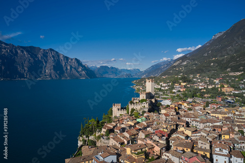 Malcesine town, Lake Garda, Italy. Panoramic aerial view of the Scaliger Castle in Malcesine in Malcesine. Italian resort on Lake Garda, Monte Baldo.