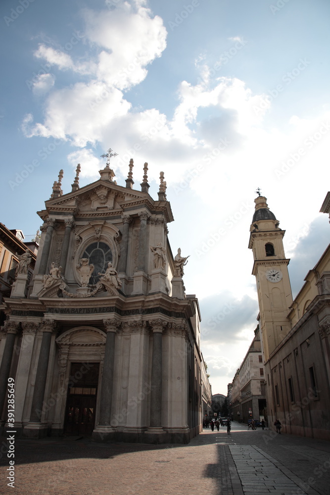View of Baroque style Roman Catholic church San Carlo Borromeo and  Piazza San Carlo in Turin, Italy. 